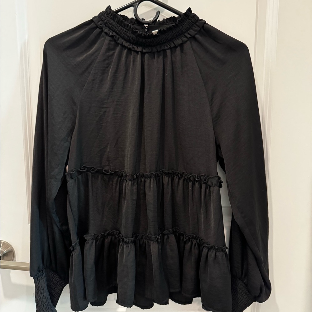 Black Ruffled Long Sleeve Blouse with Mandarin Collar